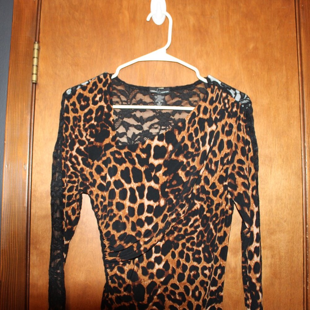 Moda International Leopard Print Lace Bodycon Midi Dress Long Sleeve Small